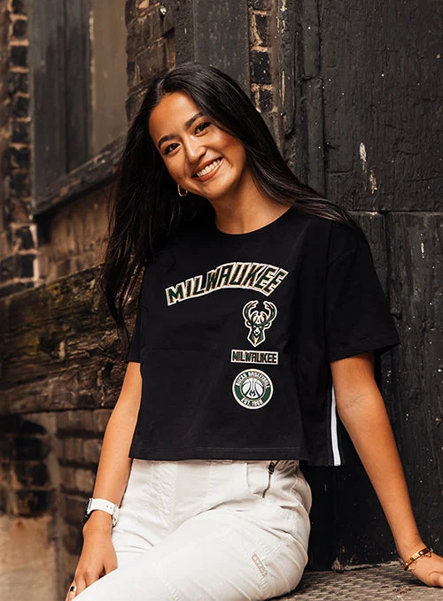 Women's Pro Standard Retro Classic Milwaukee Bucks Cropped T-Shirt-- Ribbed Striped Patterned Women's Pro Standard Retro Classic Milwaukee Bucks Cropped T-Shirt-- Ribbed Striped Patterned