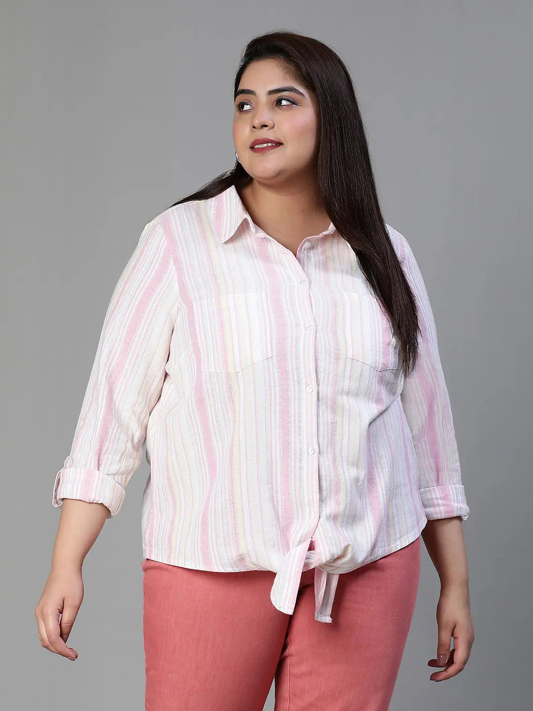 Incredible Stripe Print Tie-Knotted Plus Size Women Cotton Shirt-- Lace Blend Ribbed Blend Corduroy Blend Incredible Stripe Print Tie-Knotted Plus Size Women Cotton Shirt-- Lace Blend Ribbed Blend Corduroy Blend