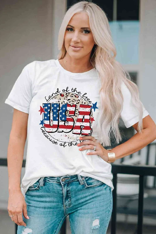 Land Of The Free USA Flag Ladies T-Shirt-- Print Jacquard Patchwork