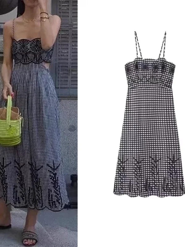 Gingham Print Spaghetti Strap Printed Dress Tunics Ceremony elegant