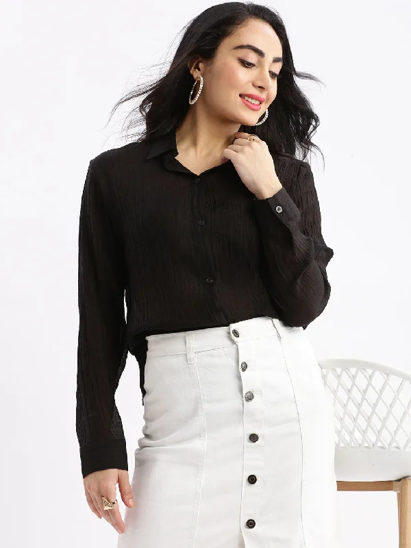 Women Solid Black Slim Fit Shirt-9902A-Black-- Boxy Fit Fitted Loose