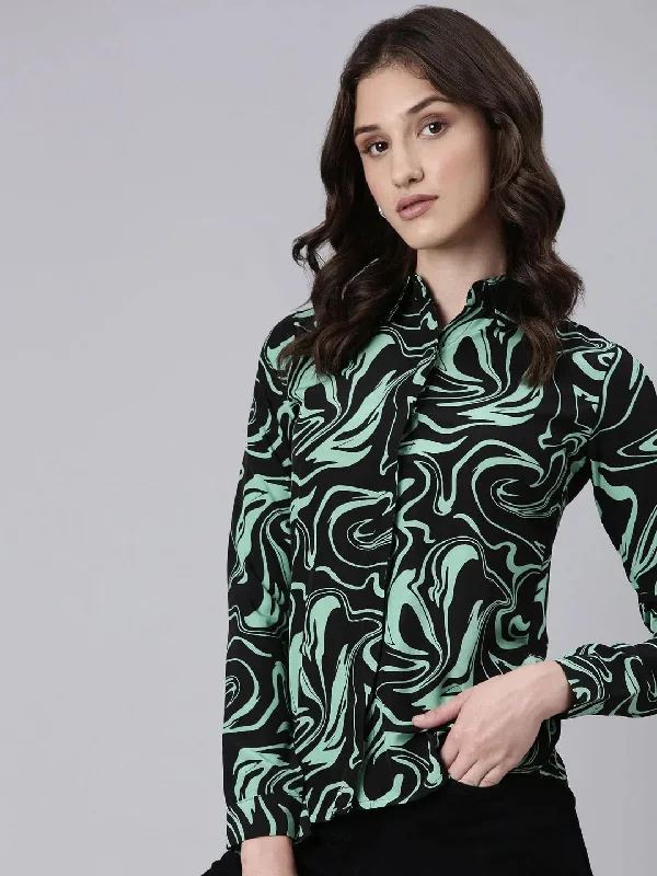 Women Black Printed Shirt-AE-333817-Black-- Chenille Blend Fleece Blend Nylon Blend