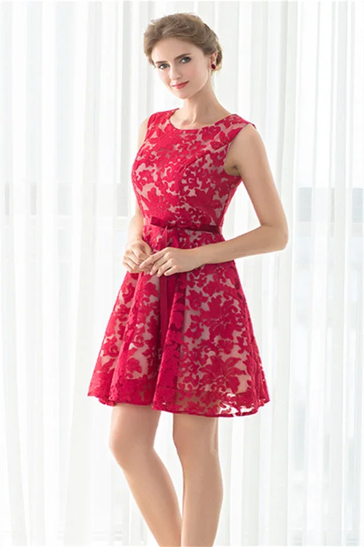 Red A-line Sleeveless Short Lace Homecoming Dresses Casual Short Summer