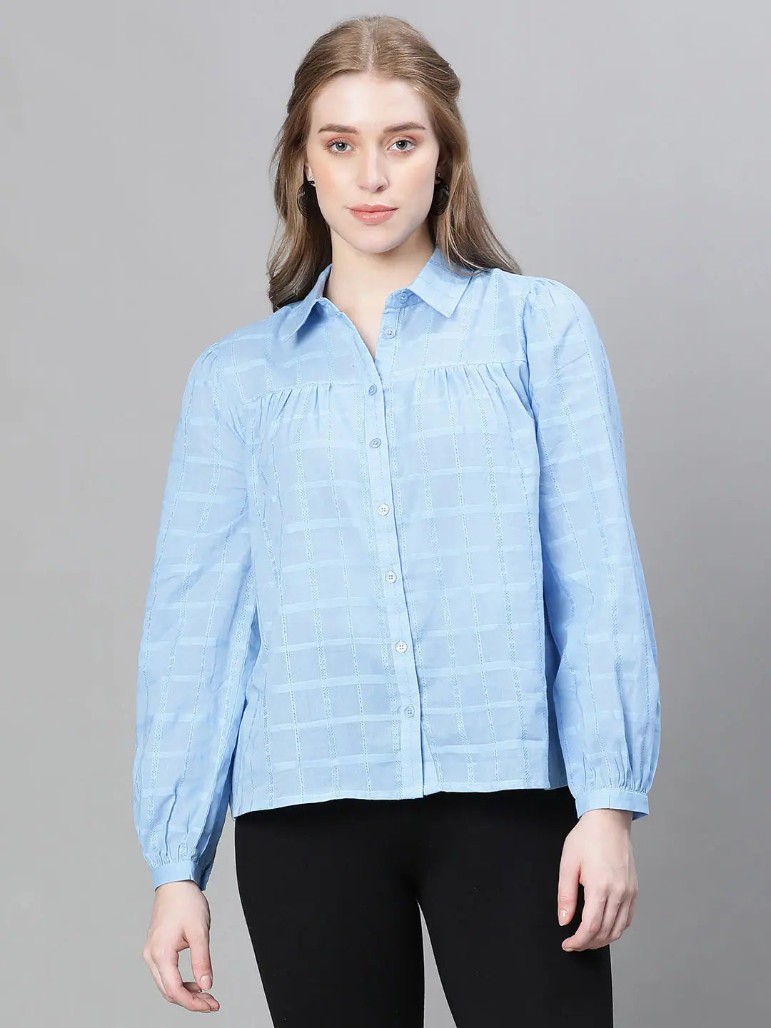 Women Soild Blue Collared Long Sleeve Buttoned Cotton Shirt-W23108WSH002_S-- Welt Pockets Slit Pockets Women Soild Blue Collared Long Sleeve Buttoned Cotton Shirt-W23108WSH002_S-- Welt Pockets Slit Pockets