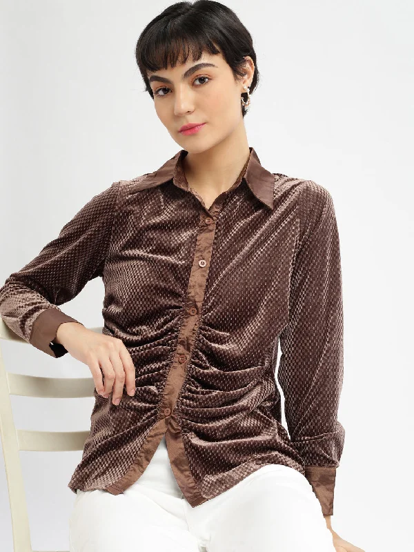 Women Geometric Brown Slim Fit Shirt-827-Brown-- Elegant Classic Vintage