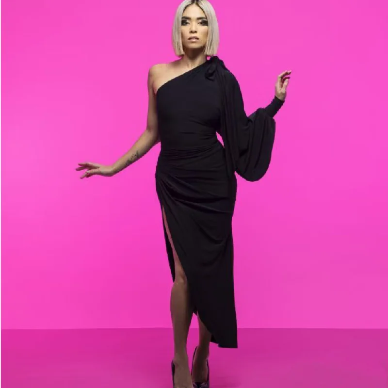 Chrisanne Clover ELIZABETH Black Latin Practice Dress with Single Long Puff Sleeve, High Side Slit, and Versatile Shoulder Tie PRA 941 in Stock Tunics Cozy soft Chrisanne Clover ELIZABETH Black Latin Practice Dress with Single Long Puff Sleeve, High Side Slit, and Versatile Shoulder Tie PRA 941 in Stock Tunics Cozy soft