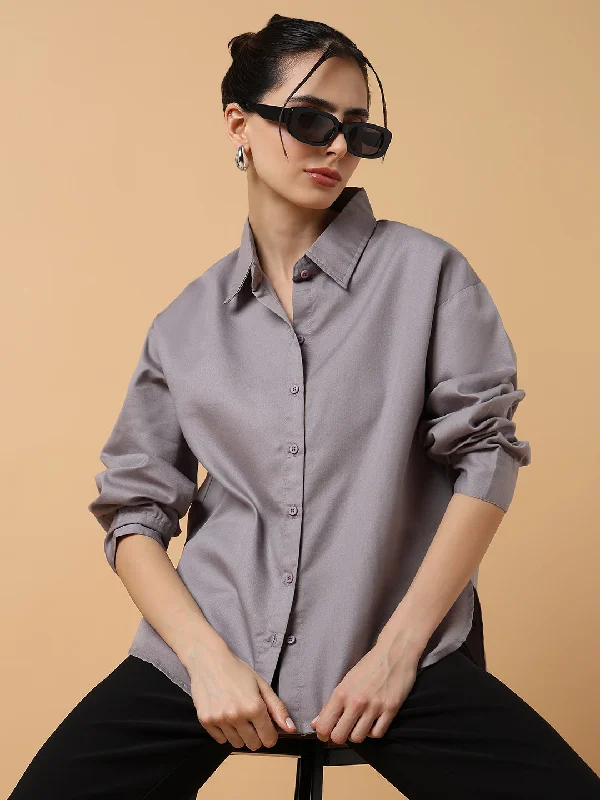 Women Solid Grey Slim Fit Shirt-AE-3216-Grey-- Ribbed Striped Patterned