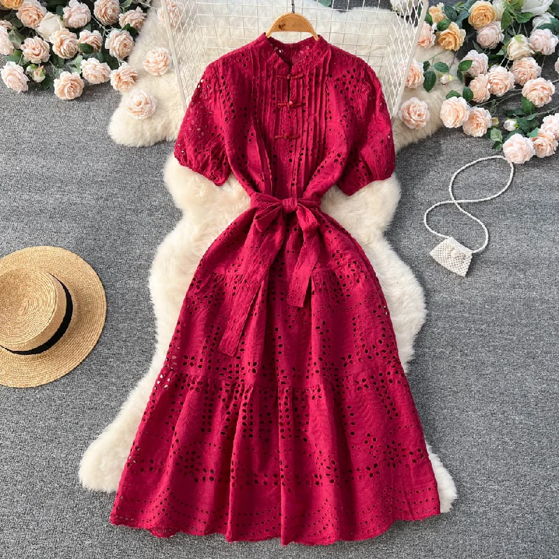 Chic gentle style dress women's summer wais hollow bubble short sleeve A-line fairy dress Tunics Lace romantic Chic gentle style dress women's summer wais hollow bubble short sleeve A-line fairy dress Tunics Lace romantic