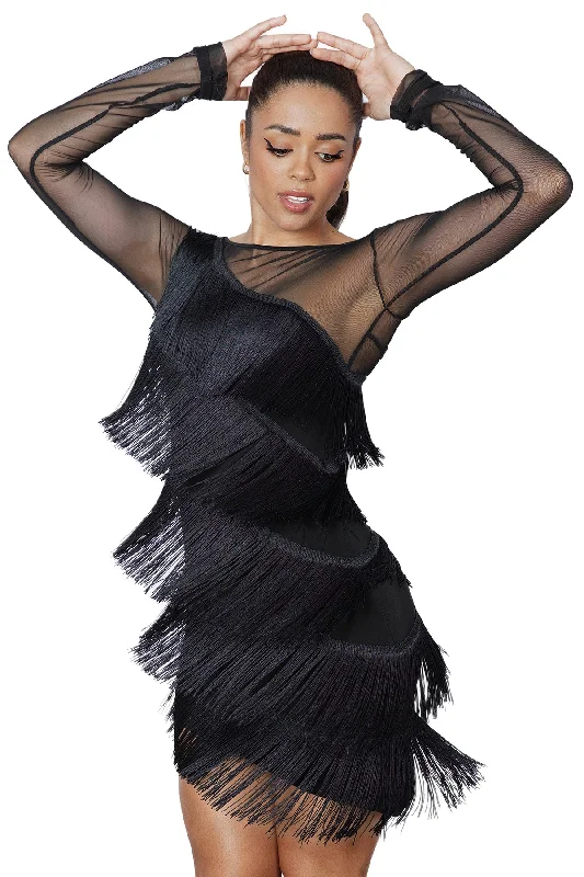 Dance America D2421 Diagonal Fringe Latin Practice Dress with Long Mesh Sleeves in Stock Elegant Long Evening Dance America D2421 Diagonal Fringe Latin Practice Dress with Long Mesh Sleeves in Stock Elegant Long Evening