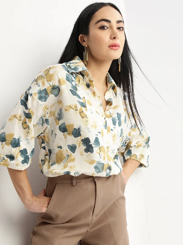 Women Abstract Cream Oversized Shirt-CHN-2006-Creamteal-- Zippered Front Buttoned Front Snap Front Women Abstract Cream Oversized Shirt-CHN-2006-Creamteal-- Zippered Front Buttoned Front Snap Front