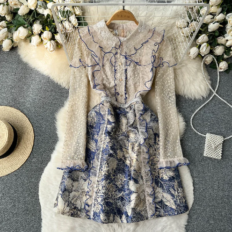 Lace Panel Jacquard Long Sleeve Slim Dress Women's Mesh Embroidery Fairy Dress Fashion Tunics Short Trendy Lace Panel Jacquard Long Sleeve Slim Dress Women's Mesh Embroidery Fairy Dress Fashion Tunics Short Trendy