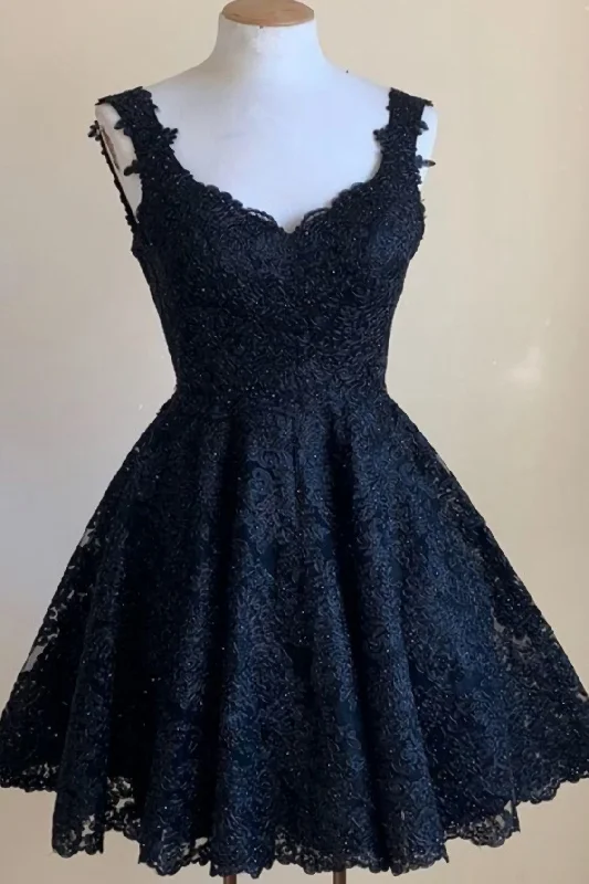 A Line Short Navy Blue Lace Homecoming Dress Tunics Mesh breathable