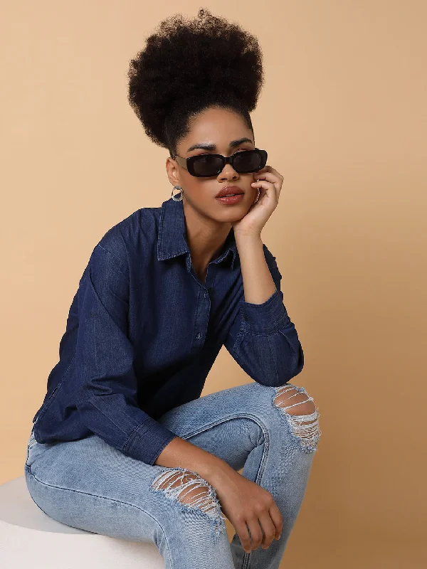 Women Solid Navy Blue Shirt-AE-3366-Navyblue-- Collared Crew Neck Turtle Neck