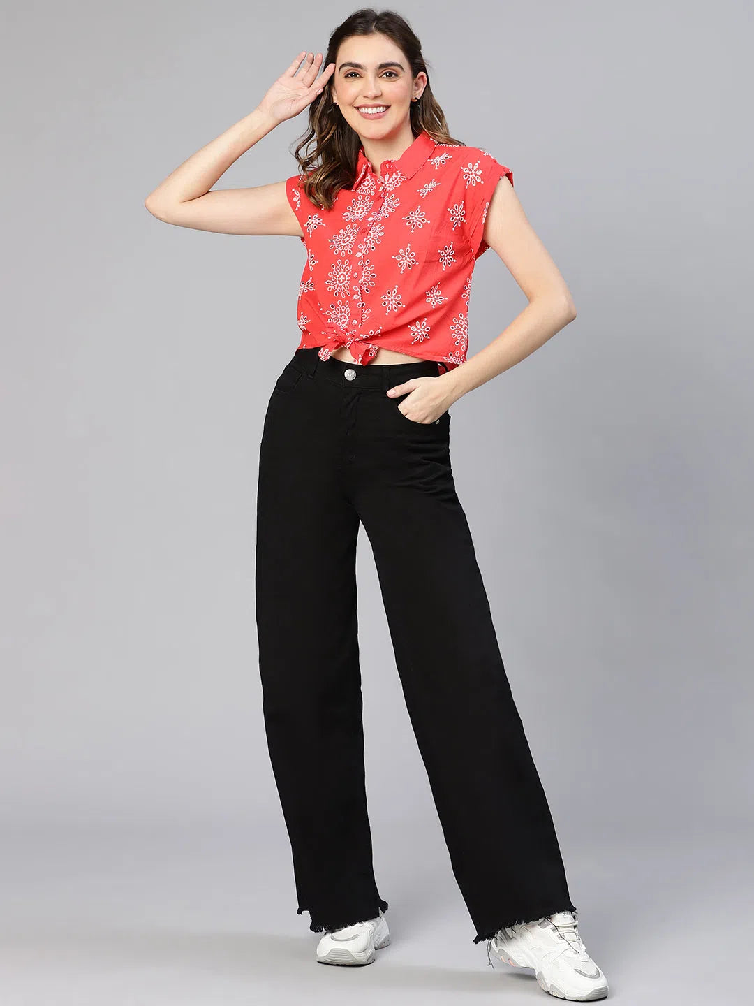 Summer Red Floral Print Tie-Knotted Women Cotton Shirt-- Spandex Blend Rayon Blend Denim Blend Summer Red Floral Print Tie-Knotted Women Cotton Shirt-- Spandex Blend Rayon Blend Denim Blend