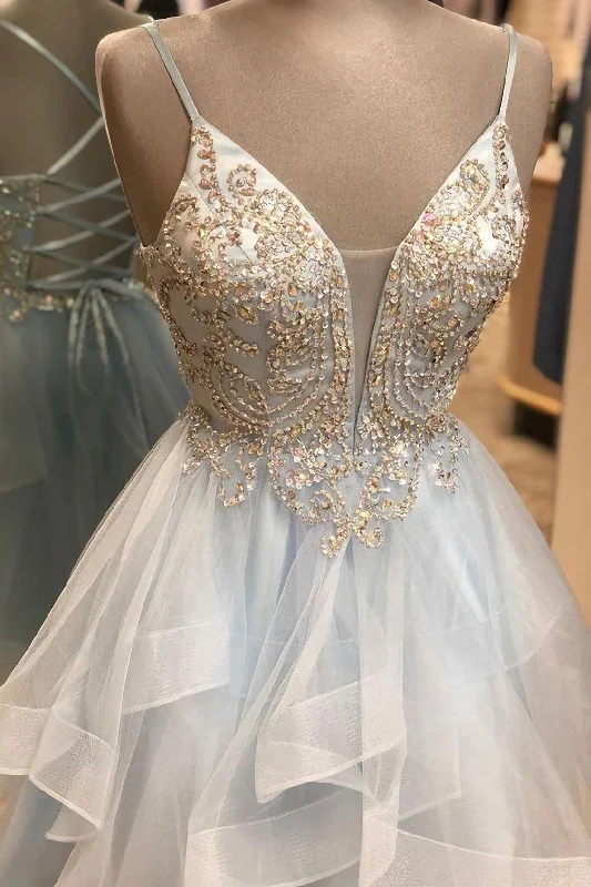 A Line Spaghetti Straps Light Sky Blue Short Homecoming Dress, With Beading Tunics Sophisticated sleek A Line Spaghetti Straps Light Sky Blue Short Homecoming Dress, With Beading Tunics Sophisticated sleek