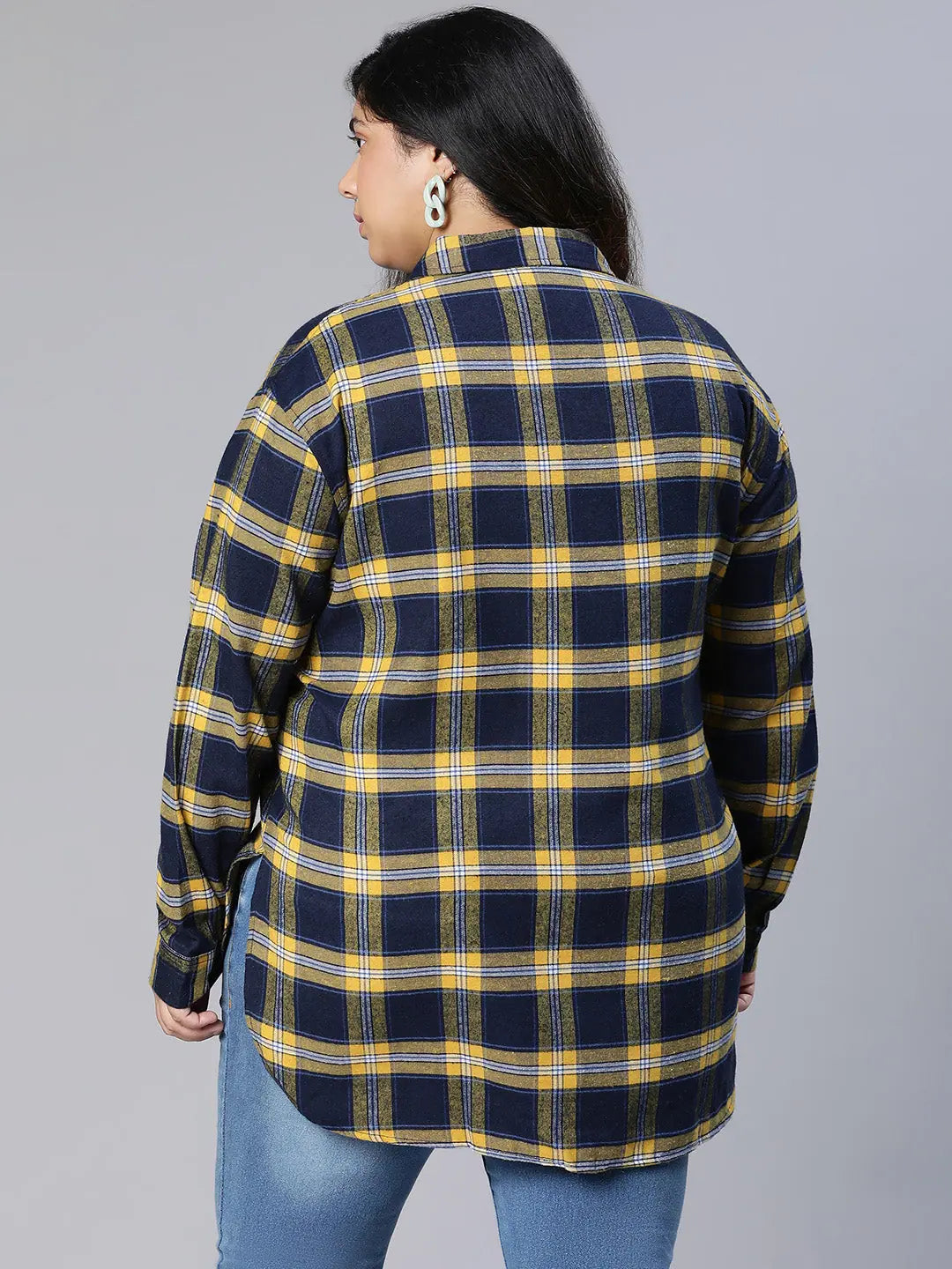Jolting Multicolor Check Print Plus Size Women Shirt-- Hooded Caped Shawl Collar