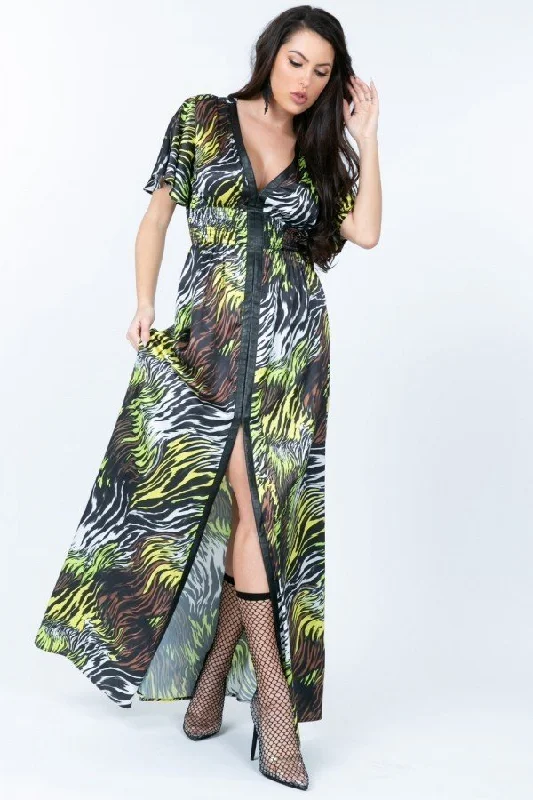 Deep V Neck Slit Zebra Print Long Dress Tunics Occasion special