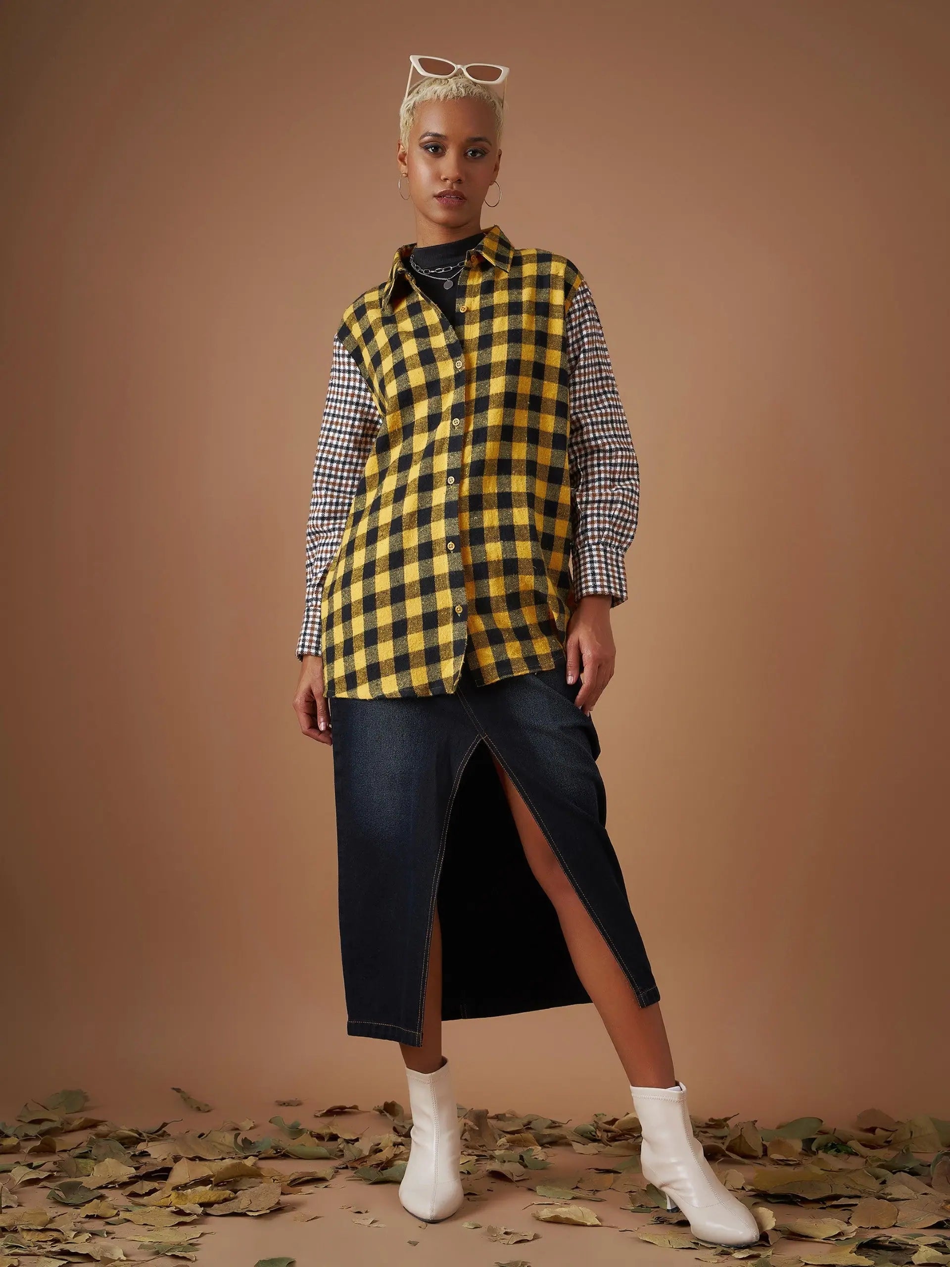 Women Yellow Flannel Check Colourblock Regular Shirt-- Real Fur Shearling Chenille