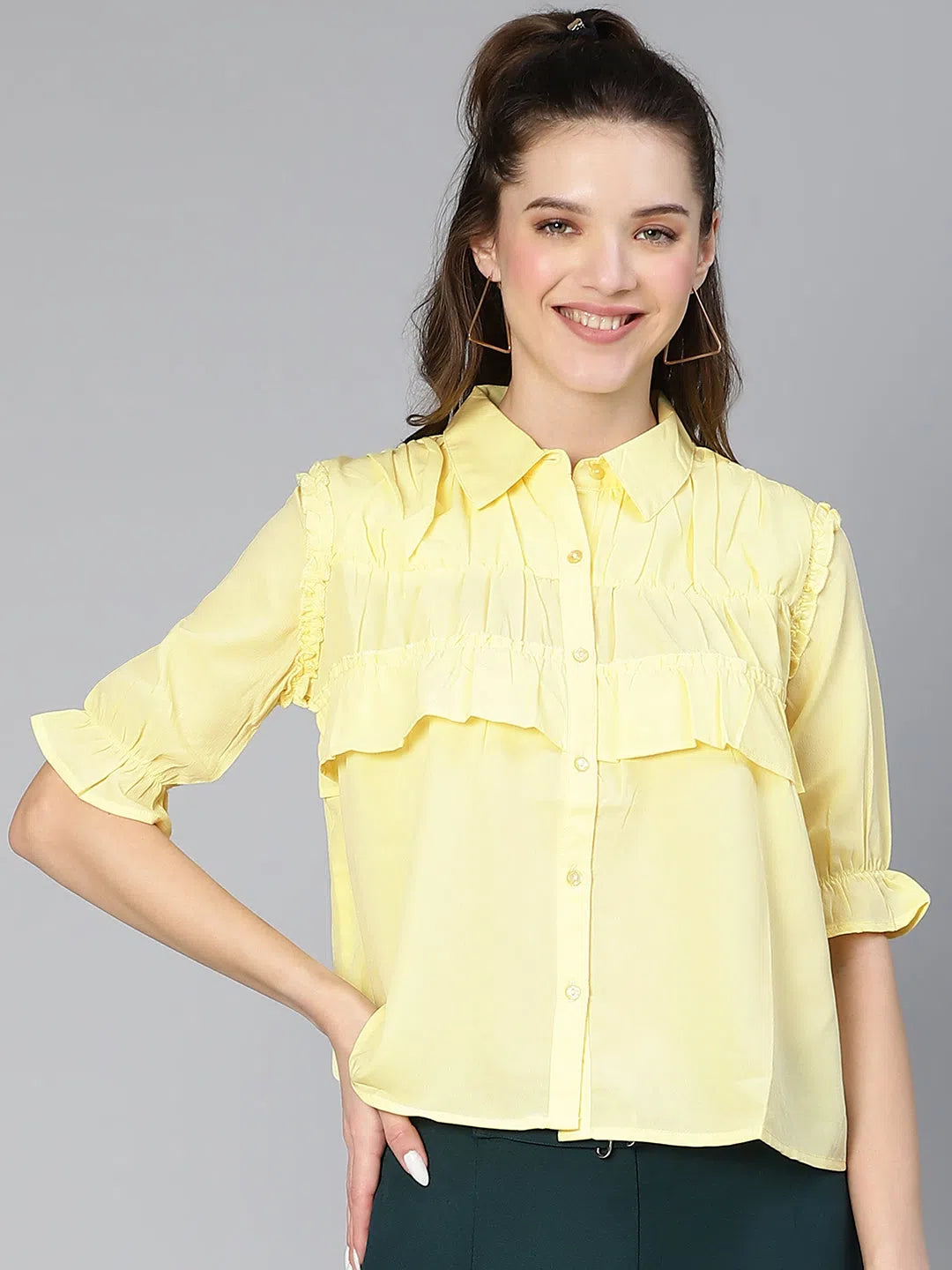 Pleasing Yellow Ruffled & Collared Women Shirt-- Cashmere Blend Cotton Blend Poly Blend Pleasing Yellow Ruffled & Collared Women Shirt-- Cashmere Blend Cotton Blend Poly Blend