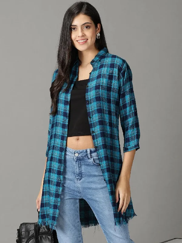 Women's Teal Checked Shirt-AE-444143-Teal-- Polka Dot Checkered Tartan