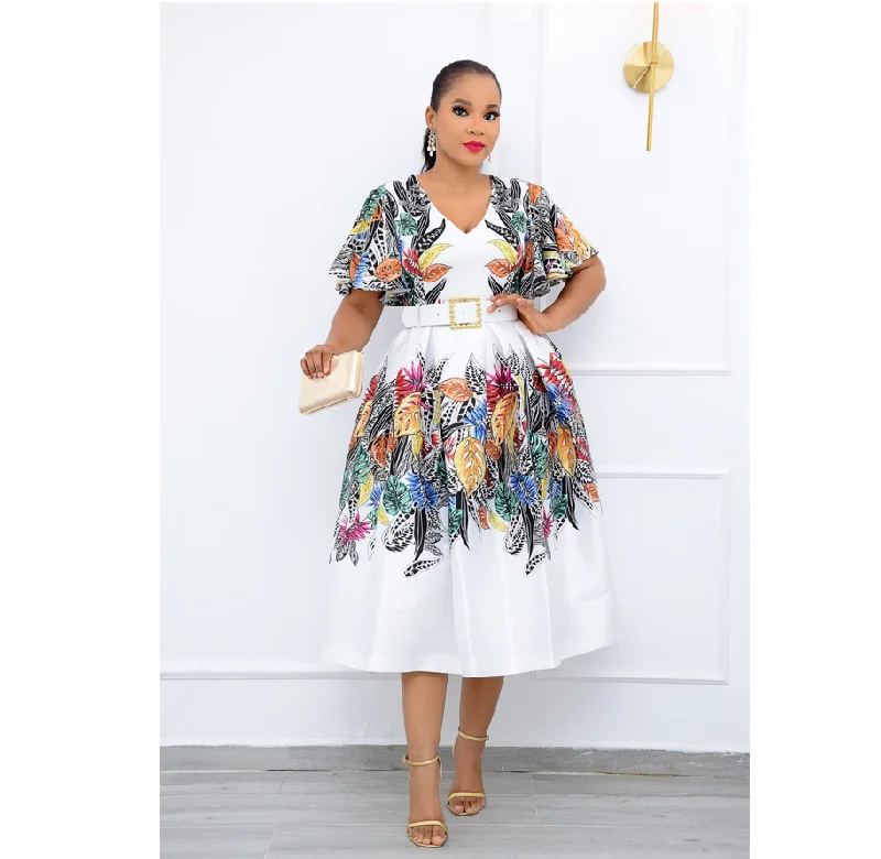 Spring and summer women's mid-length skirt ethnic style print loose elastic waist white elegant dress Tunics Exclusive limited Spring and summer women's mid-length skirt ethnic style print loose elastic waist white elegant dress Tunics Exclusive limited