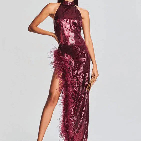 Queenie Halter Neck Feather Sequin Slits Dress Tunics Cozy comfortable