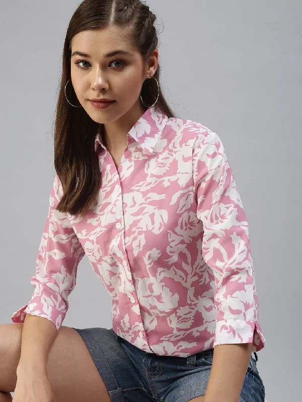 Women Spread Collar Printed Pink Shirts-AE-3330093-Pinkwhite-- Handmade Hand-knitted Hand-woven