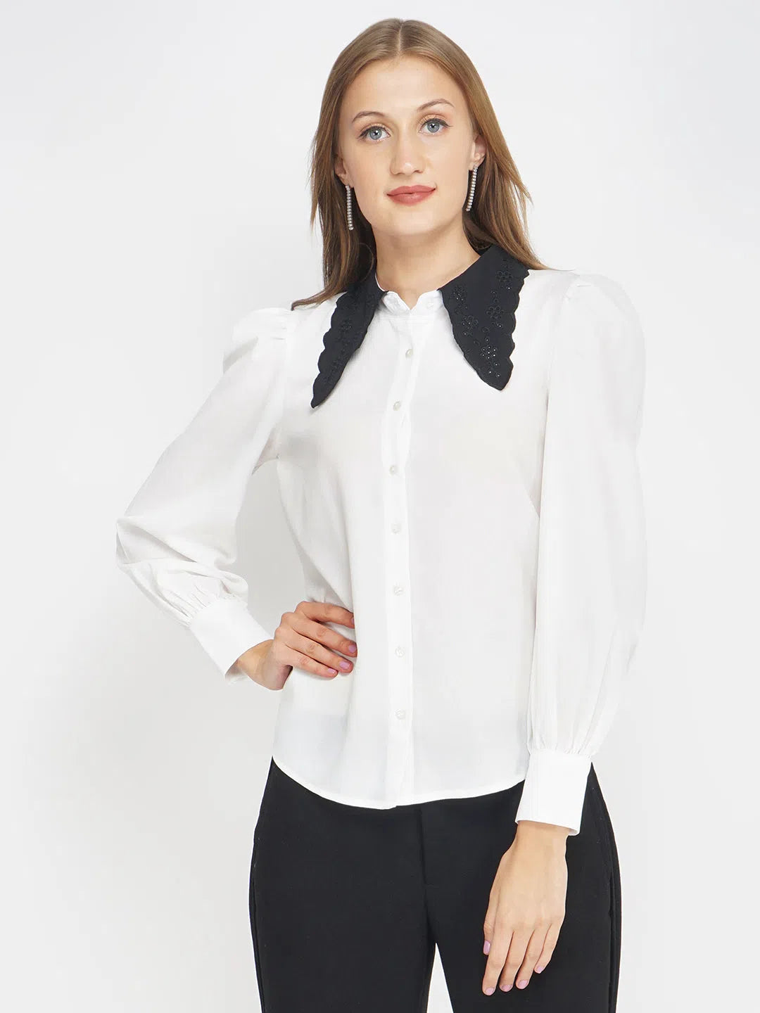 White Contrast Emb Collar Women's Shirt-- Iron Safe Non-Iron Wrinkle Free