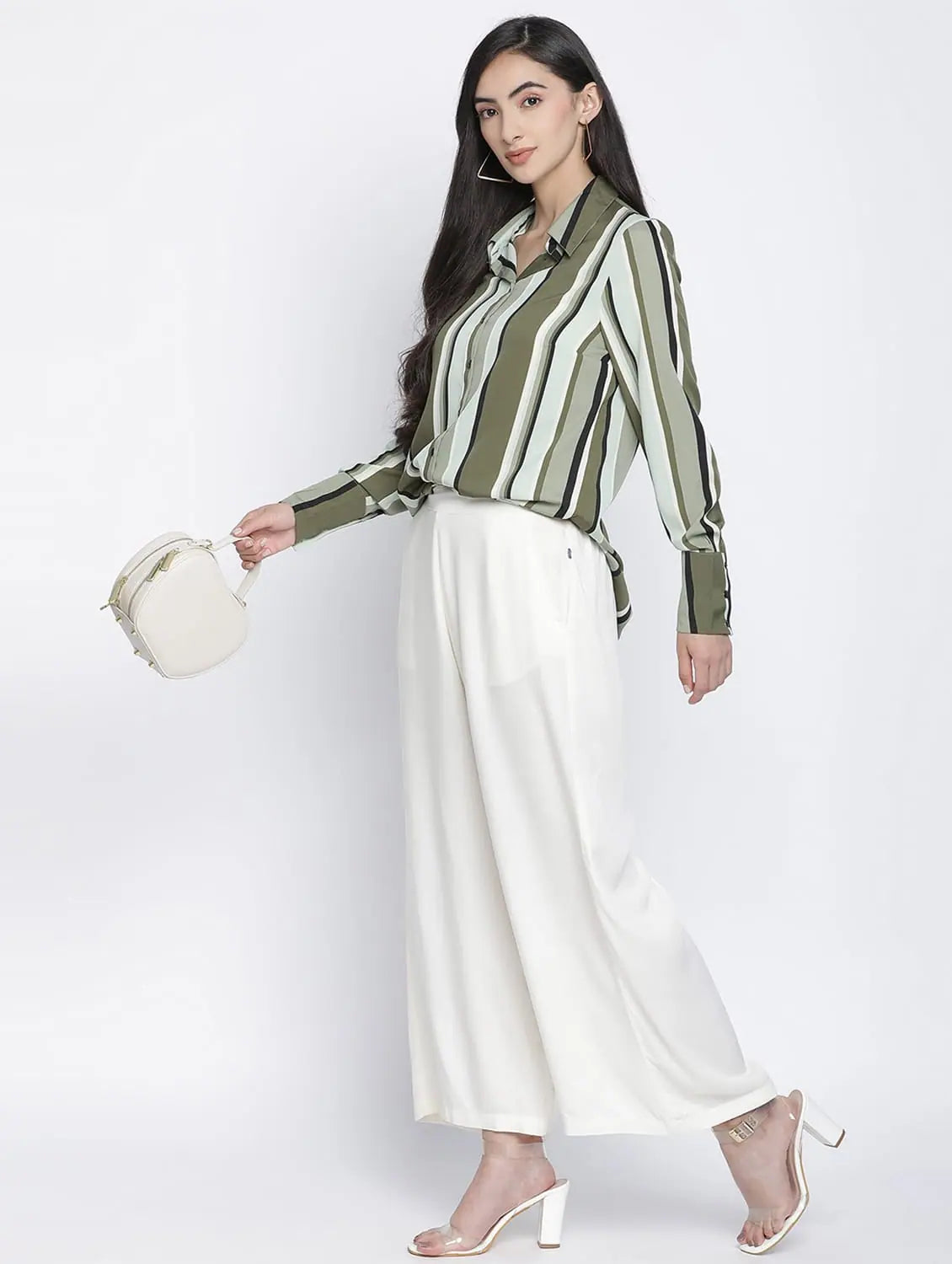 Mash Of Colours Stripes Print Women Shirt-- V-Neck T-Shirt Long Sleeve Cotton