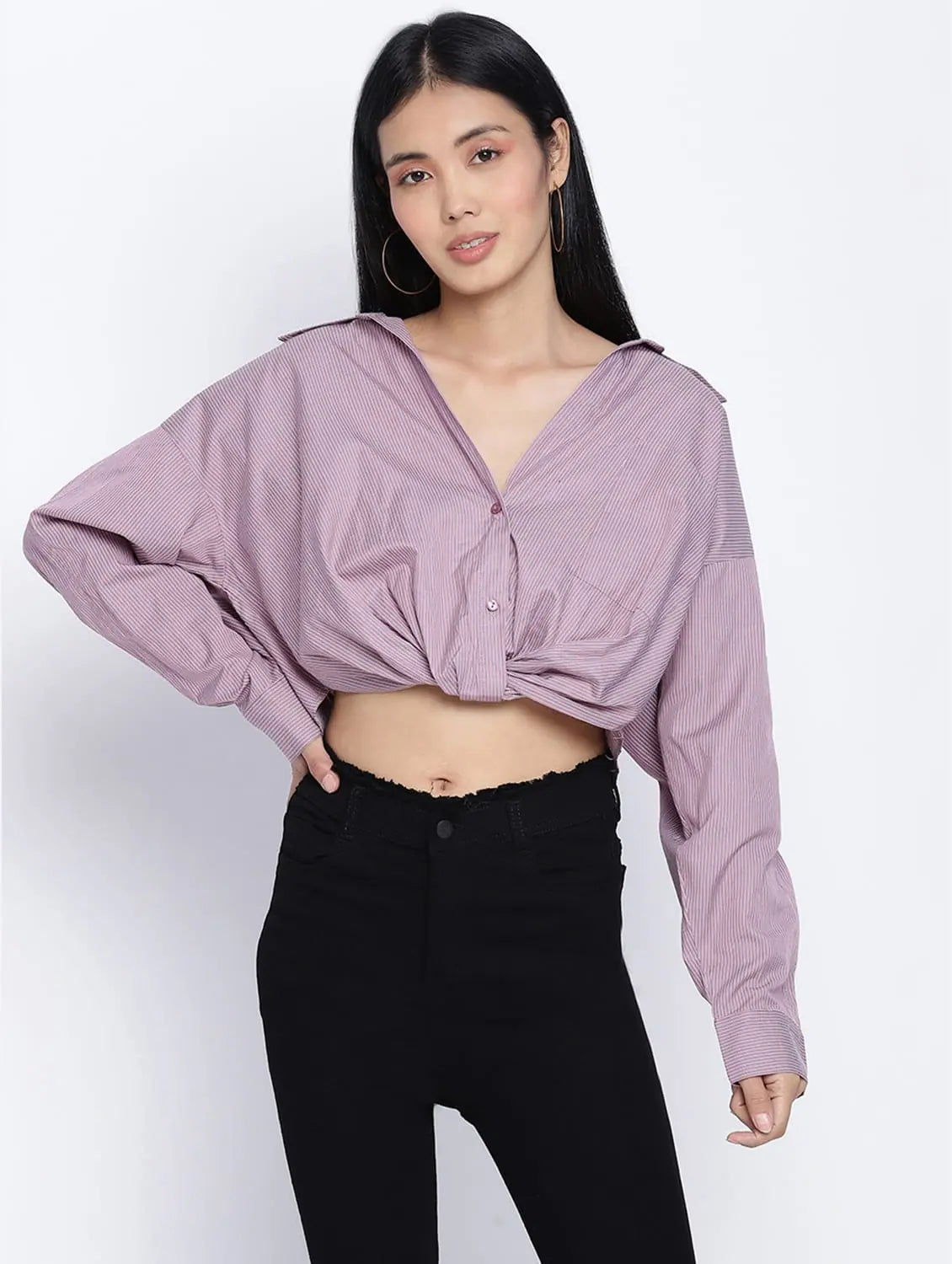 Tempted Purple Overlapped Women Crop Shirt-- Polka Dot Checkered Tartan