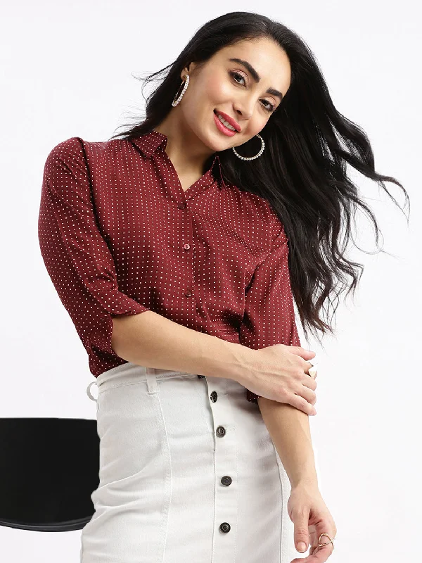 Women Micro Print Maroon Slim Fit Shirt-AE-3331050-Maroon-- Graphic T-Shirt Round Neck Polyester Women Micro Print Maroon Slim Fit Shirt-AE-3331050-Maroon-- Graphic T-Shirt Round Neck Polyester