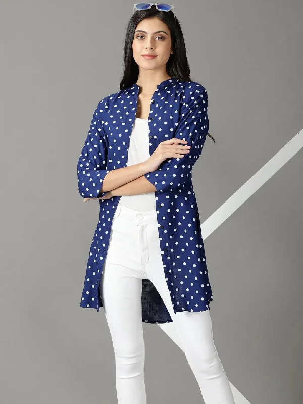 Women's Blue Printed Shirt-AE-444116-Blue-- Lace Blend Ribbed Blend Corduroy Blend