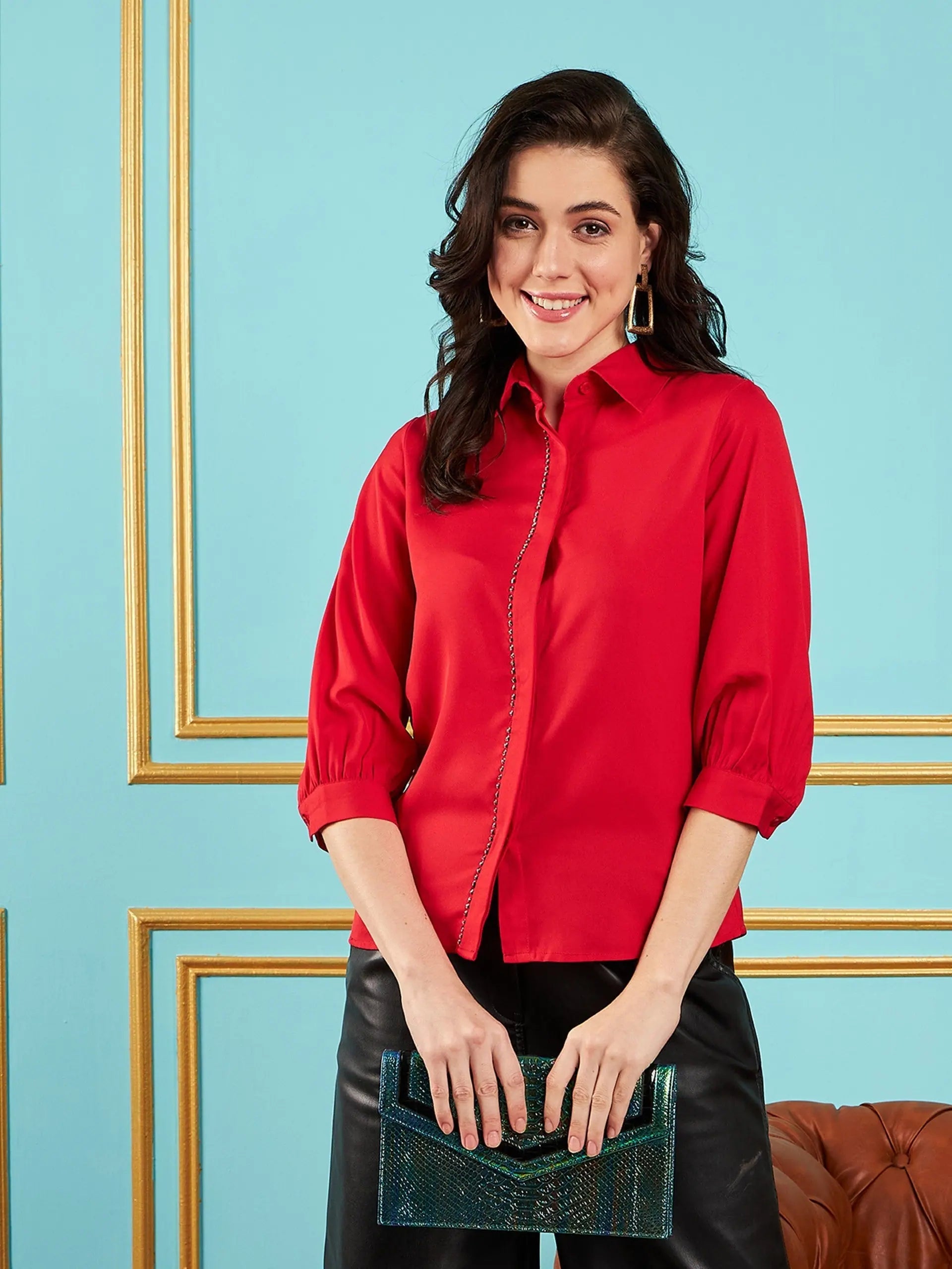 Women Red Embroidered Placket Shirt-- Denim Fabric Leather Fabric Suede Fabric