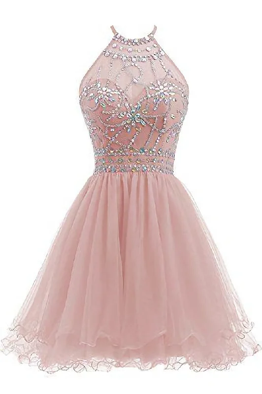Beaded Halter Homecoming Dress, Short Tulle Dress Tunics Velvet soft