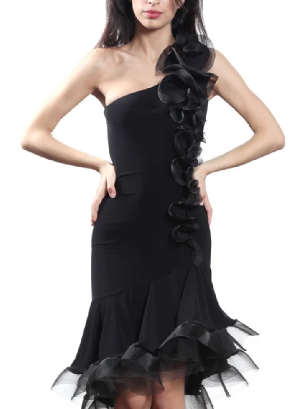 Victoria Blitz LA009 Sleeveless Black Latin Practice Dress with Asymmetrical Neckline, Flower Shape Decoration, and Open Back Design PRA 906 in Stock Tunics Luxurious high-end Victoria Blitz LA009 Sleeveless Black Latin Practice Dress with Asymmetrical Neckline, Flower Shape Decoration, and Open Back Design PRA 906 in Stock Tunics Luxurious high-end