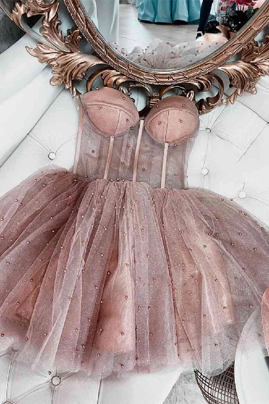 A-line Dusty Rose Sleeveless Tulle Short Homecoming Dresses Tunics Office stylish