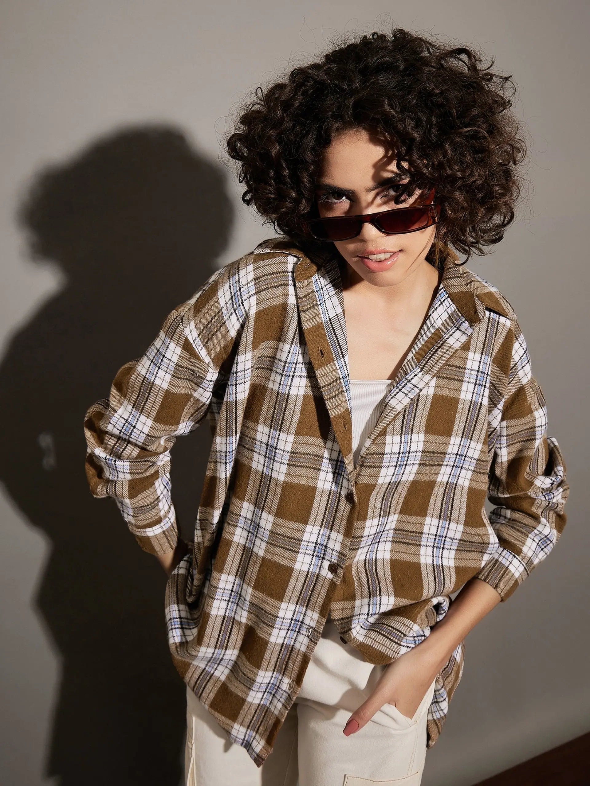 Women Brown Yarndyed Back Cris Cross Detail Oversized Shirt-- Zippered Front Buttoned Front Snap Front Women Brown Yarndyed Back Cris Cross Detail Oversized Shirt-- Zippered Front Buttoned Front Snap Front