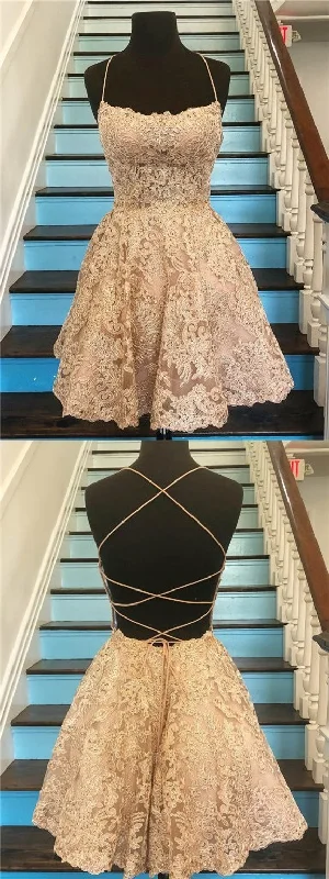 Unique Spaghetti Straps Crisscross Back A-Line Short Homecoming Dresses, Gold Lace Homecoming Dresses Casual Short Summer Unique Spaghetti Straps Crisscross Back A-Line Short Homecoming Dresses, Gold Lace Homecoming Dresses Casual Short Summer