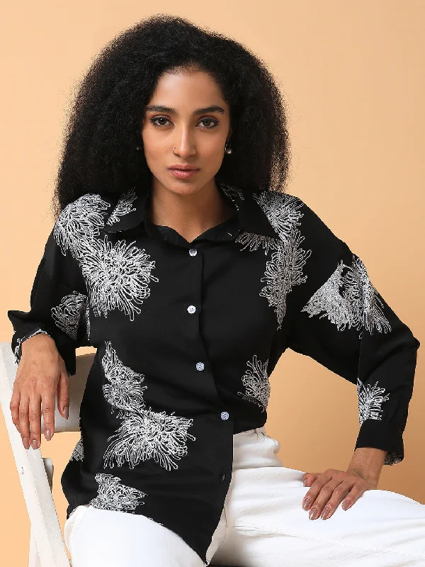 Women Floral Black Oversized Shirt-CHN-2006A-Black-- Mesh Blend Leather Blend Suede Blend Women Floral Black Oversized Shirt-CHN-2006A-Black-- Mesh Blend Leather Blend Suede Blend