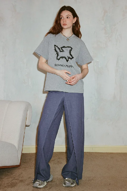 Puppy Print Round Neck Short-sleeved T-shirt DID0135-- Mesh Canvas Denim
