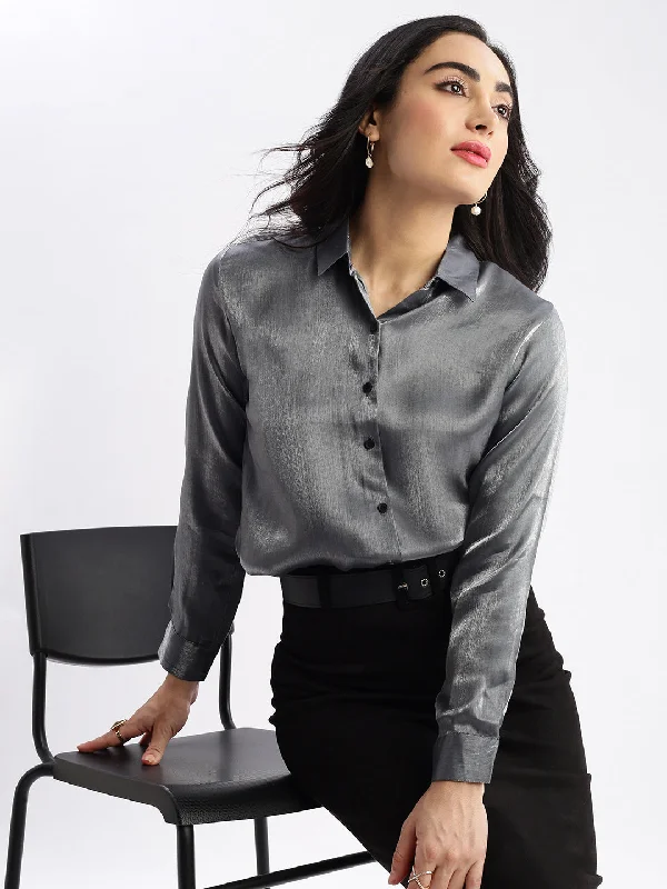 Women Solid Grey Slim Fit Shirt-AE-333652-Grey-- Fitted T-Shirt Seamless Stretchy