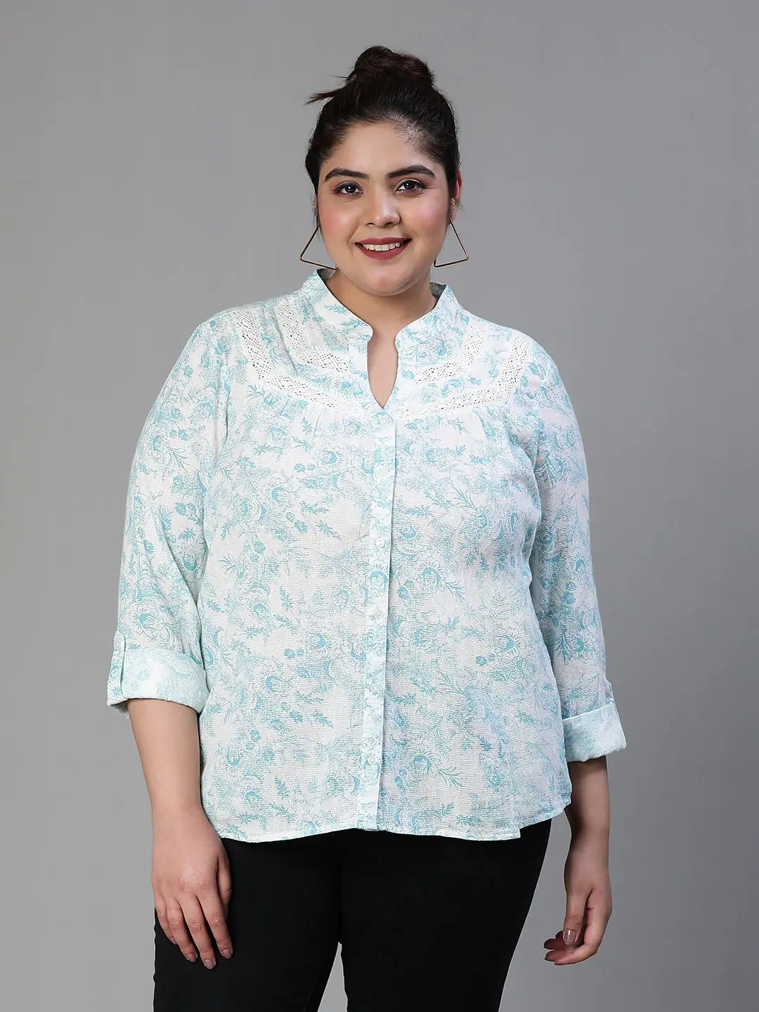 Women plus size floral print mandrain collared with button tab sleeve green cotton shirt-- Zippered Buttoned Snapped Women plus size floral print mandrain collared with button tab sleeve green cotton shirt-- Zippered Buttoned Snapped