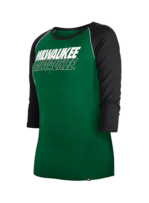 Women's New Era 3/4 Sleeve Athletic GRN/BLK Milwaukee Bucks T-Shirt-- Knit Fabric Woven Fabric Fleece Fabric Women's New Era 3/4 Sleeve Athletic GRN/BLK Milwaukee Bucks T-Shirt-- Knit Fabric Woven Fabric Fleece Fabric
