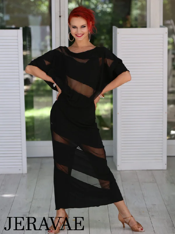 Senga Dancewear VOGUE Long Black Latin Practice Dress with Dolman Sleeves, Diagonal Mesh Inserts, and High Back Slit PRA 982 in Stock Tunics Trousers formal Senga Dancewear VOGUE Long Black Latin Practice Dress with Dolman Sleeves, Diagonal Mesh Inserts, and High Back Slit PRA 982 in Stock Tunics Trousers formal