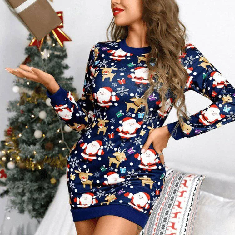 Pearl Lantern Sleeve Turtleneck Christmas Print Dress Boat Neckline Classic