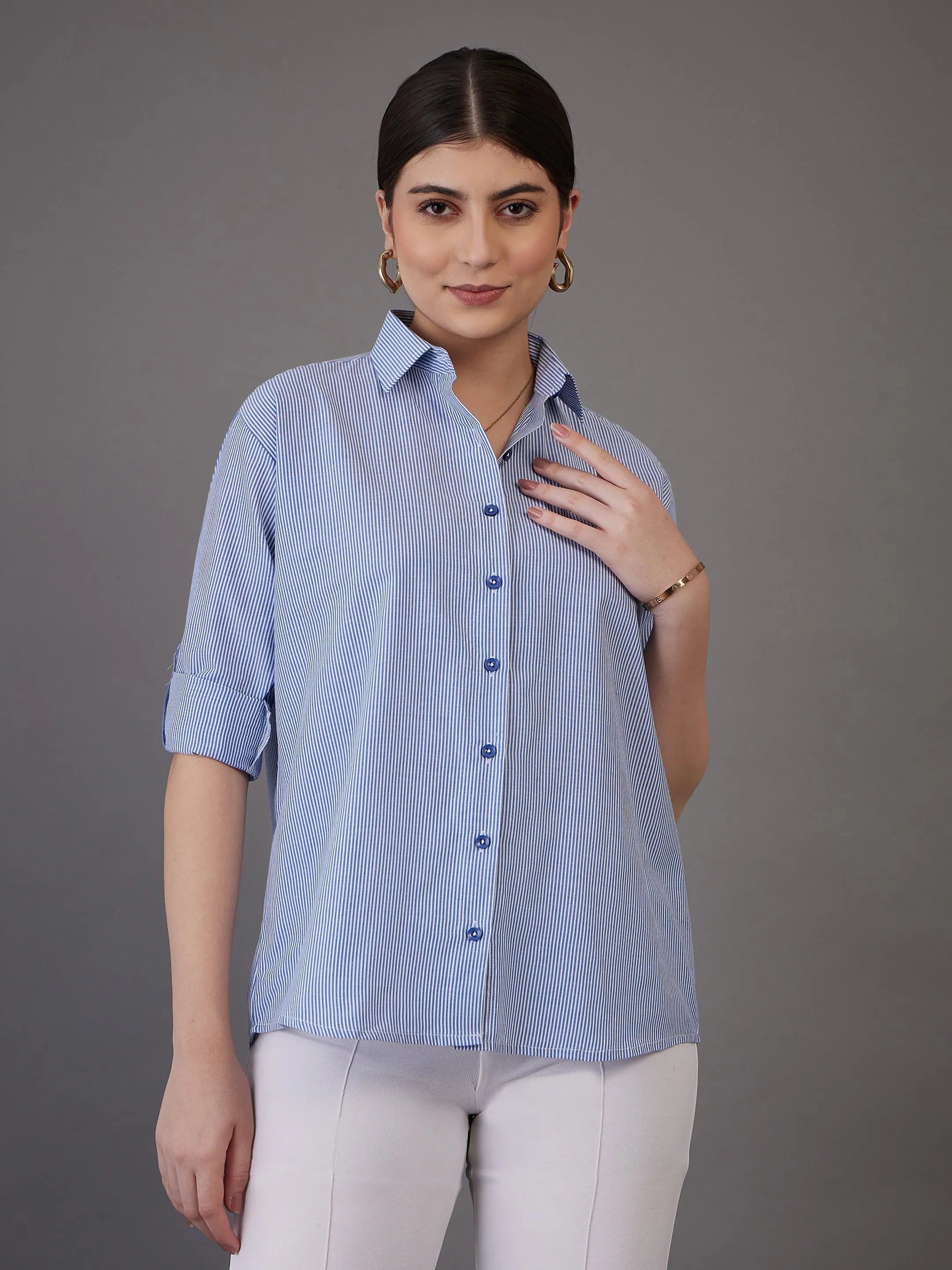 Women Navy Pin Stripes Regular Fit Shirt-- Collared Crew Neck Turtle Neck