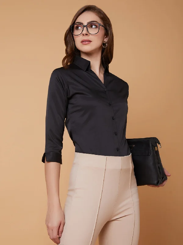 Women Solid Black Slim Fit Shirt-AE-3155-Black-- Thin T-Shirt Open Front Quick Dry