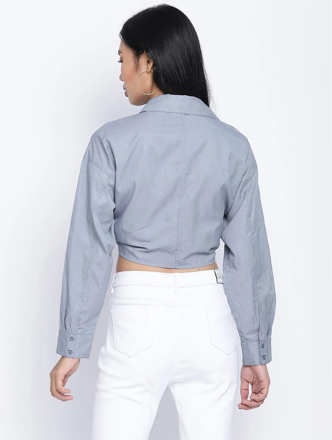 Bunnico Blue Overlapped Women Crop Shirt -- Basic T-Shirt Crew Neck Short Sleeve