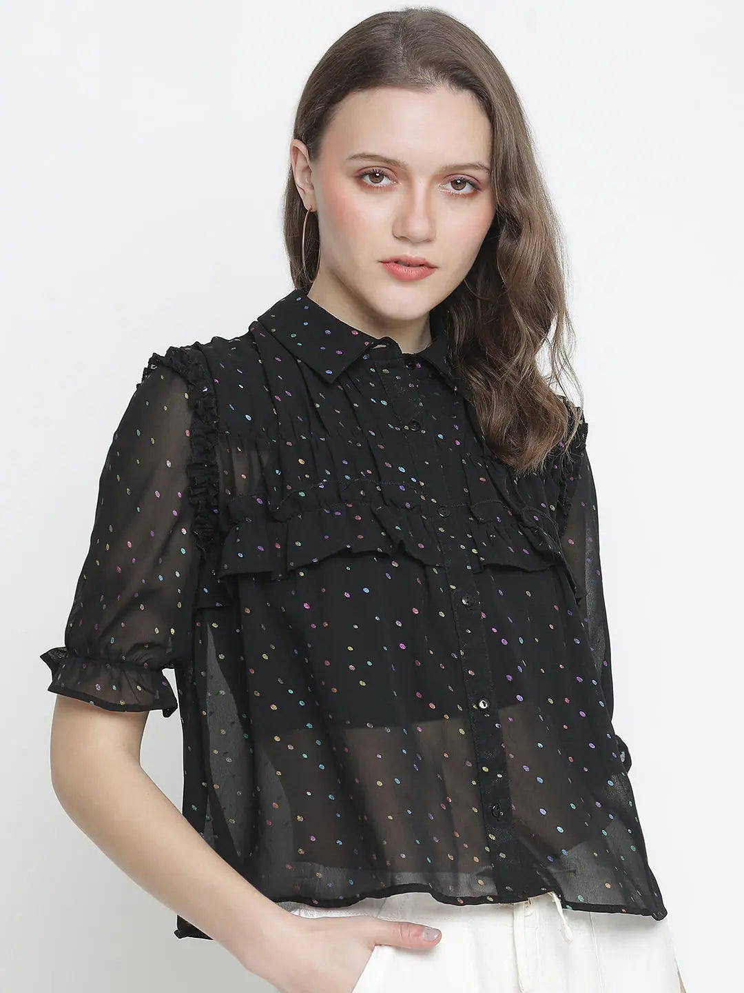 Omanic Black Foil print women Shirt-- Plaid T-Shirt Polka Dot Checkered