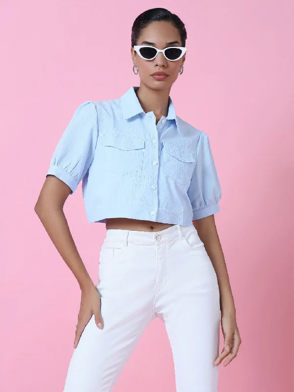 Women Blue Solid Slim Fit Shirt-OC-909-Blue-- Polka Dot Checkered Tartan